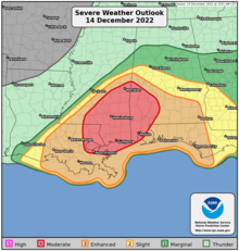 The SPC Severe Weather Outlook for December 14, 2022. Storm Prediction Center Severe Weather Outlook for December 14, 2022.png