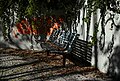 Image 1011Street bench with dried leaves, Calçada do Lavra, Lisbon, Portugal