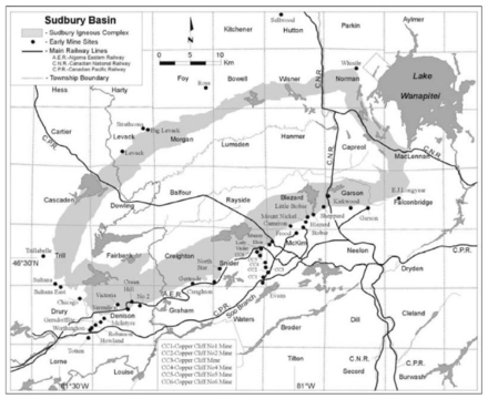 Topographic map of the geology and geographic features of Ontario's Sudbury Basin includes mine sites up to year of publication (1917)