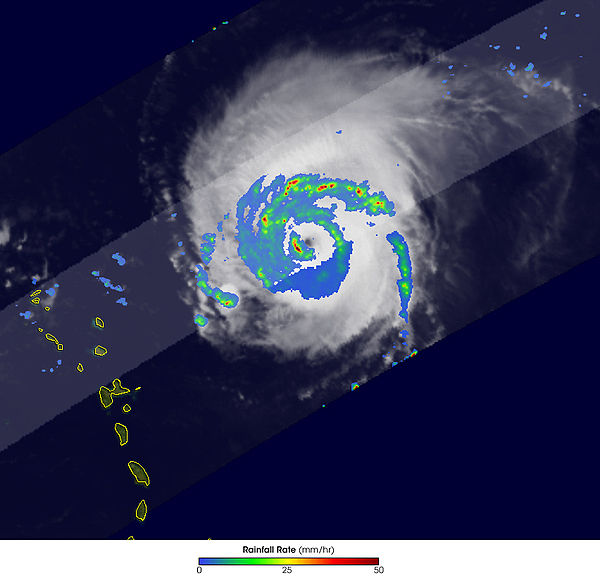Imagery from the Tropical Rainfall Measuring Mission shows the beginning of an eyewall replacement cycle in Hurricane Frances.