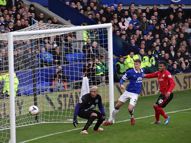 Stones (centre) playing for Everton in 2014