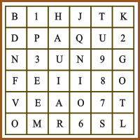 The scattered letters of "tangiers" surrounded by random numbers and letters, in a grid pattern.