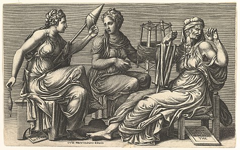 Les Trois Moires, gravure de Giorgio Ghisi d'après Jules Romain, c. 1558 (Metropolitan Museum of Art).
