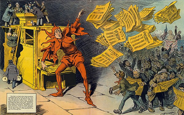 "The Yellow Press", by L. M. Glackens, portrays William Randolph Hearst as a jester distributing sensational stories.