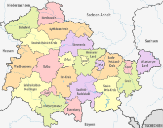 Districts of Thuringia Thuringia, administrative divisions 2021 - de - colored.svg