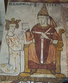 Middelalderlig billedværk af en konge (til venstre) knælende foran en pave (siddende på en trone).