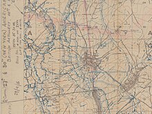 Detail of a British trench map of Bellicourt. The canal tunnel is coloured red. The Hindenburg Line runs west of the tunnel and east of the canal cutting. Trench Map 62b.NW (Bellicourt) (detail).jpg