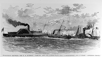 Engraving published in "The Soldier in Our Civil War", Volume I. It depicts USS Varuna (center), being rammed by a Confederate ship identified as "Breckinridge" (left) while engaging CSS Governor Moore (right) during the battle off Forts Jackson and St. Philip, 24 April 1862. The ship identified as "Breckinridge", is more probably the Stonewall Jackson. USS Varuna engaged.jpg