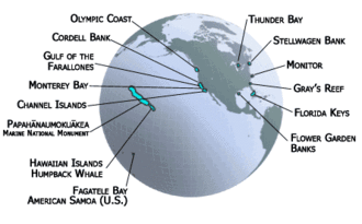 Global view of NOAA Marine Sanctuaries. US National Marine Sanctuary global system map.gif