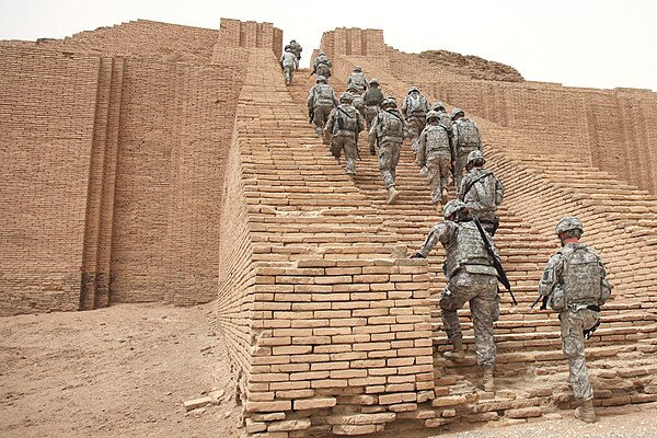 U.S. Soldiers from the 17th Fires Brigade make their way up the reconstructed stairs of the Ziggurat of Ur, 2010.
