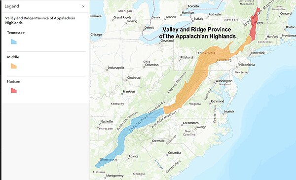 Valley and Ridge province of the Appalachian Highlands and its three physiographic sections: the Hudson, the Central, and the Tennessee Rivers