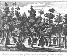 View of a Village in the Bay of Good Success, in the Island of Terra del Fuego, engraving by James Newton after Alexander Buchan. From Sydney Parkinson's posthumous Journal of a Voyage to the South Seas, 1773