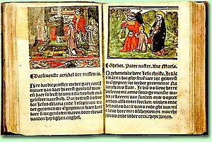 Two pages from Die beduydenisse der Missen by Gerrit vander Goude from 1530, with hand coloured woodcut illustrations Vorsterman.jpg