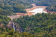 Waitākere Dam and reservoir, during the 2013 drought