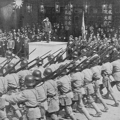 Soldiers during the third anniversary parade of the founding of the Nanjing government, 1943