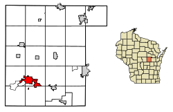 Location of Waupaca in Waupaca County, Wisconsin.