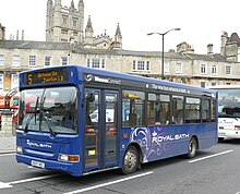 Royal Bath branded Plaxton Pointer 2 bodied Dennis Dart SLF in Bath in September 2010 Wessex Bus Bath 5.jpg