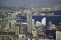 The TICAD-IV venue was Pacifico Yokohama, a centrally-located waterside complex. The Minato Mirai area's most recognizable feature is the bold architectural plane of the grand InterContinental Hotel -- a stark, white, sail-shaped structure silhouetted against the contrasting expanse of the harbor. Yokohama M4837.jpg