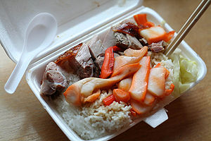 Siu mei with rice in a foam takeout container Yummp hk lunchbox.jpg