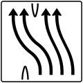 Zeichen 501–53 Überleitungstafel – ohne Gegenverkehr – vierstreifig nach links, davon zwei Fahrstreifen übergeleitet