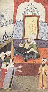 An unhappy wife complains to the Qadi about her husband's impotence as depicted in an Ottoman miniature. Zibik.jpg