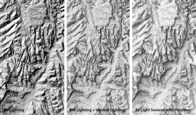 Zion National Park, Utah, showing the effect of multi-directional hillshading. Left: one light source, standard northwest azimuth; Middle: average of two light sources, northwest + vertical; Right: average of 32 light sources from all directions but concentrated in the northwest, each with shadows added. Note the decreasing starkness, increasing realism, and increasing clarity of cliffs, canyons, and mountains in this area of over 1,000 m of local relief. Zion NP shaded relief.png