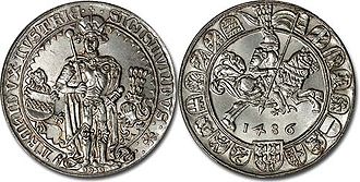An official restrike of the 1486 Tiroler Guldengroschen 1486 Tiroler Guldengroschen of Sigismund coin.jpg
