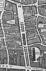 The site of the former Fleet Prison (lower right) on Roque's Map of London 1746 1746 Fleet Market Roque.jpg