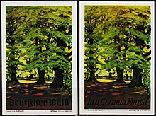 Two Poster stamps called Deutscher Wald and "In a German Forest", about 1928 by Otto Altenkirch 1928 circa Otto Altenkirch Deutscher Wald Reklamemarke In a German Forest.jpg