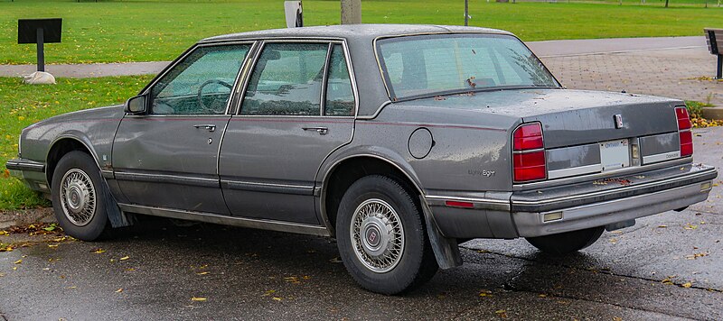 File:1989 Oldsmobile Delta 88 Royale Brougham in Medium Gray Metallic, Rear Left, 10-13-2022.jpg