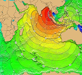The tsunami's propagation took 5 hours to reach Western Australia, 7 hours to reach the Arabian Peninsula, and did not reach the South African coast until nearly 11 hours after the earthquake 2004IndianOceanTsunami.jpg