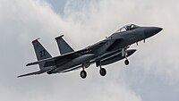 A US Air Force F-15C Eagle, tail number 85-0112, on final approach at Kadena Air Base in Okinawa, Japan. It is assigned to the 18th Wing at Kadena AB.