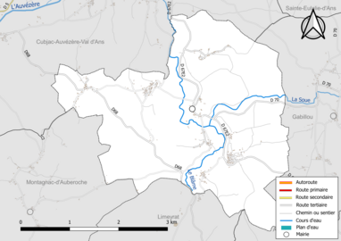 Carte en couleur présentant le réseau hydrographique de la commune