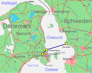 Geplantes 400-kV-Kabel vom Kraftwerk H.C.Ørsted (H.C.Ørstedsværket) über das Kraftwerk Amager (Amagerværket) zum stillgelegten Kernkraftwerk Barsebäck (Barsebäcks kärnkraftverk). Basierend auf Informationen von Energinet.dk.