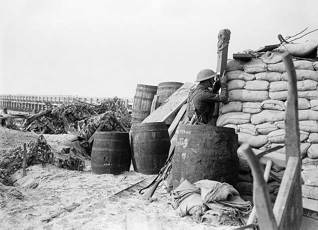 An observer from the 2/4th East Lancashire Regiment at the extreme left of the British front line in September 1917, manning a position on the Belgian