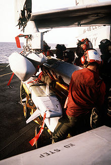 ADM-141 TALDs being loaded onto an A-7 Corsair II on 16 Jan 1991 ADM-141 tactical air-launched decoys.jpg