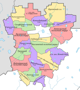 A map of Zerendi District of Akmola Region. The white area in the middle indicates Kokshetau City Administration territorial unit.