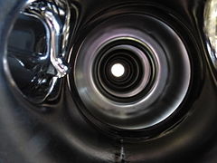 An interior view of the niobium superconducting radio frequency cavity