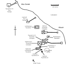 Overview of the locations of the different findings around the Abusir necropolis Abusir map.png