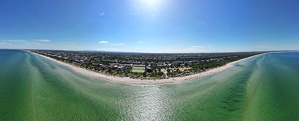 Aerial panorama of Seaford's Keast Park alongside the coastline