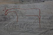 English: Rock art in the world heritage area in Alta, Norway. This is from the area Bergbukten 1, a group of some 900 figures. 23-25 m above sea level, and 6000-7000 years old.