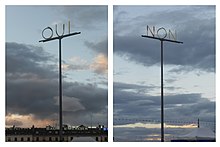 Ambigram OUI / NON (Yes / No, in French), by sculptor Markus Raetz, installed at the top of a pole on the Place du Rhone in Geneva, Switzerland, observed from two angles. Ambigramme OUI NON sculpture anamorphosique de Markus Raetz 2002.jpg