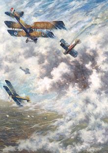 An Incident on the Western Front, view of a dogfight involving five aircraft. In the upper foreground a biplane of the Royal Flying Corps flies towards a stricken German biplane, which is falling towards the ground leaving a trail of smoke in its wake (Imperial War Museum). An Incident on the Western Front Art.IWMART2660.jpg