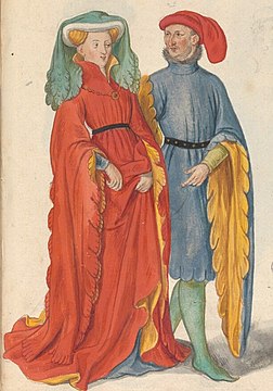A Flemish lady and gentleman in the year 1400, illustrated in the manuscript "Theatre de tous les peuples et nations de la terre avec leurs habits et ornemens divers, tant anciens que modernes, diligemment depeints au naturel". Painted by Lucas d'Heere in the 2nd half of the 16th century. Preserved in the Ghent University Library. Archive-ugent-be-79D46426-CC9D-11E3-B56B-4FBAD43445F2 DS-90 (cropped).jpg