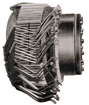 A partially-constructed DC armature, showing the (incomplete) windings Armature image from Modern Radio Practice by Charles Hayward page 47.png