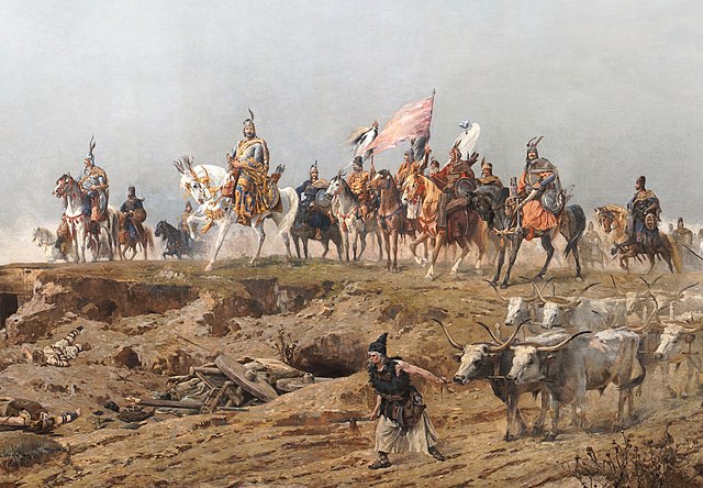 A detail of the Arrival of the Hungarians, Árpád Feszty's and his assistants' vast (1800 m2) cyclorama, painted to celebrate the 1000th anniversary of