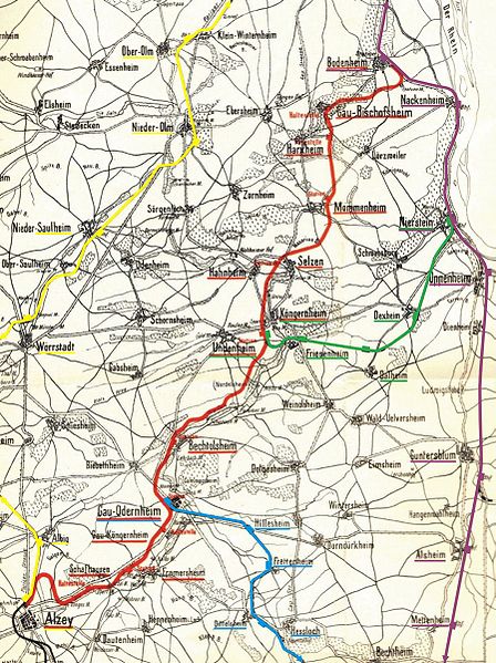 Mainz–Worms–Ludwigshafen line in purple
