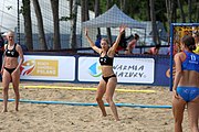 Deutsch: Beachhandball Europameisterschaften 2019 (Beach handball Euro); Tag 2: 3. Juli 2019 – Frauen, Vorrunde Gruppe D, Dänemark-Russland 2:0 (21:16, 18:12) English: Beach handball Euro; Day 2: 3 July 2019 – Women Preliminary Round Group D – Denmark-Russia 2:0 (21:16, 18:12)