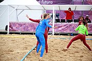 Deutsch: Beachhandball bei den Olympischen Jugendspielen 2018; Tag 6, 11. Oktober 2018; Mädchen, Platzierungsspiel um Platz 7 - Russland-Venezuela 2:0 English: Beach handball at the 2018 Summer Youth Olympics at 11 October 2018 – Girl's Placement Match 7-8 – Russia-Venezuela 2:0