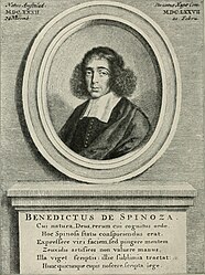 naar portret in Opera Posthuma (1677); Nederlandse tekst in De nagelate schriften van B. d. S.: Dit is de schaduw van spinoza's zienlijk beelt, Daar 't gladde koper geen sieraat meer aan kon geven; Maar zijn gezegent brein, zoo rijk hem meêgedeelt, Doet in zijn schriften hem aanschouwen naar het leven. Wie oit begeerte tot de wysheit heeft gehad, Hier was die zuiver en op 't snedigste gevat.[1]